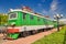 Locomotiv on railroad tracks. Russia, close-up wide angle