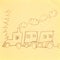 Locomotive hand drawn by a child with a simple pencil on yellow paper. children`s drawing.