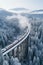 A locomotive pulls a passenger train along a winding road among the winter forest and mountains.
