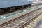 Locomotive on the railway track. Railway rails and sleepers