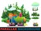 Locomotive rides on railroad. Set parallax effect. Cartoon style illustration. Coniferous forest with fir trees. Cute