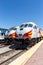 Locomotives of New Mexico Rail Runner Express commuter train railways portrait format in Santa Fe, United States