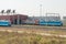 Locomotives trains stand at the gate of the locomotive depot