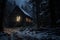 Lodge, Cabin Retreat. winter night fantasy forest. Christmas season landscape. Wooden hut.