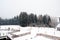 Lodges, landscape, snow roof background, winter in Dolomiti mountains, in Cadore, Italy