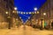 Lodz, Poland - August 24, 2023: Beautiful architecture of Piotrkowska Street in Lodz city at dawn, one of the longest commercial