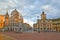 LODZ, POLAND. Church of the Descent of the Holy Spirit at sunset and the town hall building at sunset. Freedom