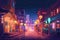 lofi city street at night with colorful lights and lanterns