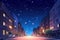 lofi city street, with view of the night sky and stars visible, giving a peaceful and serene atmosphere