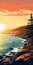 Lofi Digital Painting: Sunset Over Sea And Rocky Beach In Acadia National Park
