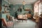 lofi interior with pastel colors, retro furniture and vintage details