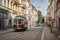 lofitown street, with vintage cars and trams passing by