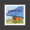 Lofoten islands Norway landscape postage stamp. Modern house in mountains in nordic country raster illustration