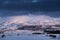 Lofoten islands, Norway. Mountains and clouds during sunset. Evening time. Winter landscape.