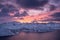 Lofoten islands, Norway. Mountains and clouds during sunset. Evening time. Winter landscape.