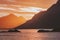 Lofoten islands sunset landscape in Norway scandinavian nature sea and mountains