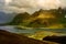 Lofoten mountains with spectacular sunlight on Fredvang bridge, Norway