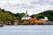 Lofoten,Norway-August 25,2019:Moskenes fishing village in Lofoten Islands and Moskenes Church