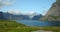 Lofoten, Reine static shot of Nordic Fjords and the blue lake.
