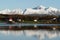 Lofoten\'s mountains reflecting in the fjord