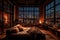 Loft bedroom with large window, elegant luxury classic furniture and large windows night light