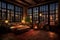 Loft bedroom with large window, elegant luxury classic furniture and large windows night lights