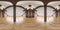 Loft empty interior panorama with beams, brick wall, wooden floor.