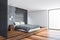 Loft grey master bedroom corner with window