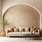 Loft home interior design of modern living room. beige sofa with terra cotta pillows against arched window near stucco wall