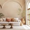 Loft home interior design of modern living room. beige sofa with terra cotta pillows against arched window near stucco wall