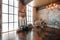 Loft interior with mirror, candles, brick wall, large window, living room, coffee table in modern design