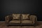 Loft interior mock up photo. Brown leather sofa. Minimalist style. Background photo with copy space for text. Black wall