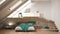 Loft mezzanine scandinavian minimalist bedroom, white and turquoise classic interior design