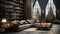 Loft style open space living area interior in luxury cottage. Grunge walls, leather corner sofa, coffee table