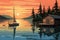 log cabin, dock, and a sailboat floating on a calm lake at sunset, magazine style illustration