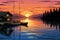 log cabin, dock, and a sailboat floating on a calm lake at sunset, magazine style illustration