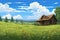 log cabin facing a sprawling meadow, magazine style illustration