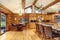 Log cabin house interior of dining and kitchen room