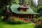 log cabin house with red roof and green shutters, surrounded by lush greenery