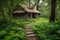 log cabin house, surrounded by lush greenery and wandering paths