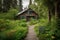 log cabin house, surrounded by lush greenery and wandering paths