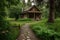 log cabin house, surrounded by lush greenery and wandering paths