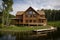 log cabin house with wrap around porch, overlooking lake