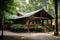 log cabin house with wrap-around porch, surrounded by trees and greenery