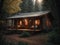 a log cabin nestled in the forest during the night hours