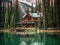 Log cabin sits on the edge of a lake