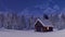 Log cabin with smoking chimney at winter night