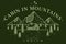 Log cabin wooden house in pine forest over mountain range vector nature emblem on dark, cottage woodhouse for rest in pine forest