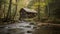 Log cabin in the woods with a stream. Serene cozy lodge home in autumn forest with river.