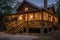 log cabin with wrap-around porch and hanging lanterns